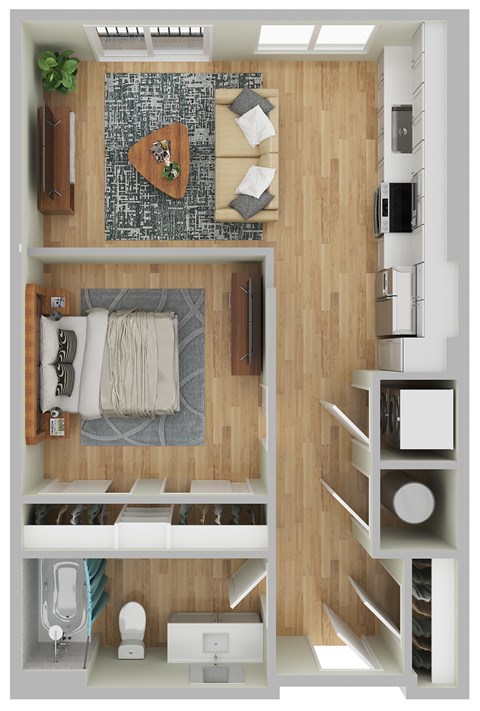 Floor plan for studio, 1 bath, 587 sqft